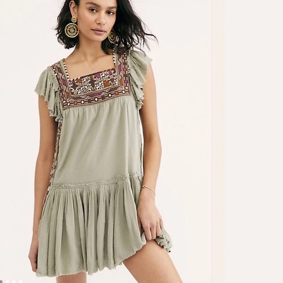Free People Day Glow Embroidered Mini Dress in Spanish Moss combo size large - Picture 14 of 15